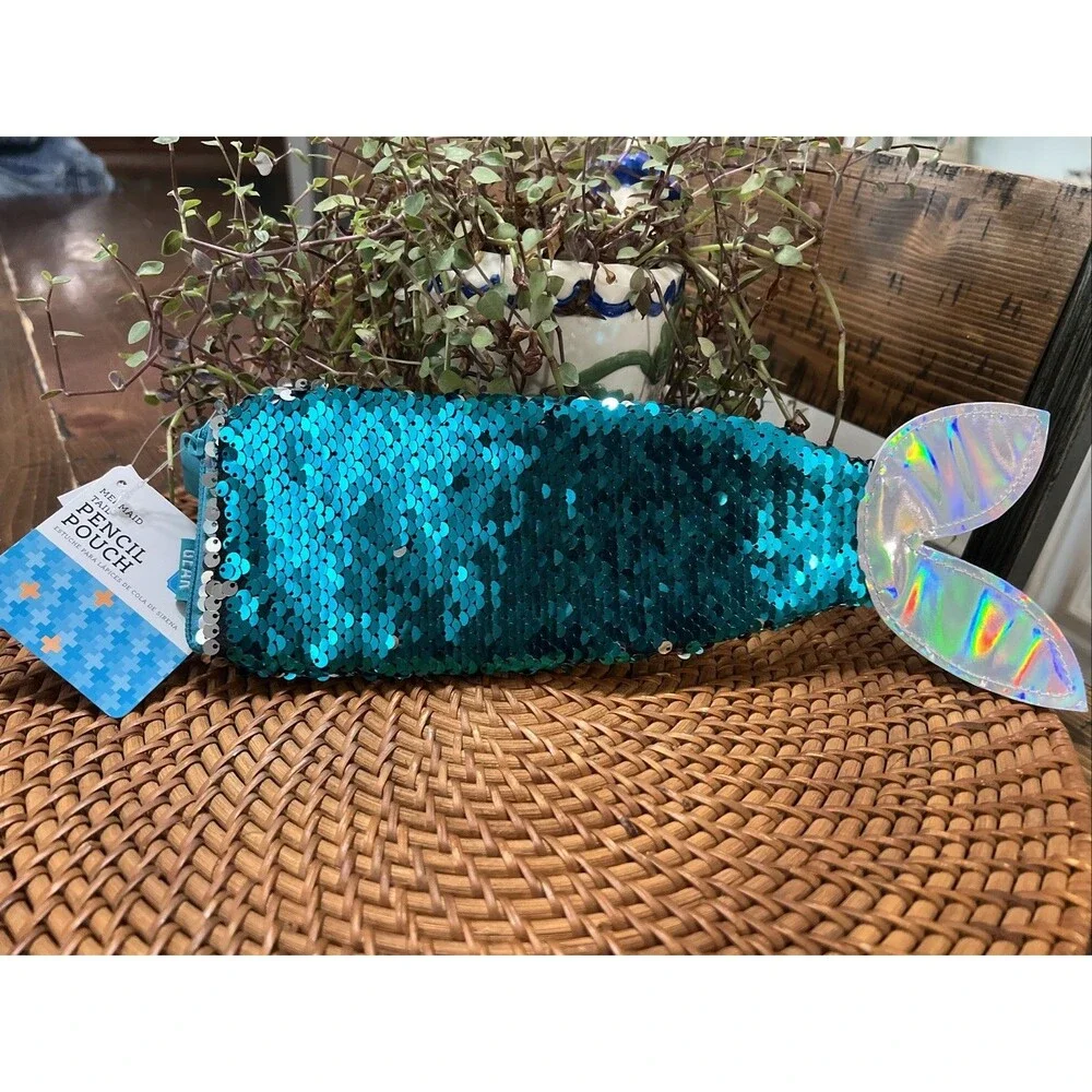 Pen & Gear Mermaid Tail Pencil Pouch Pen Case w/Zipper & Teal/Silver Sequins